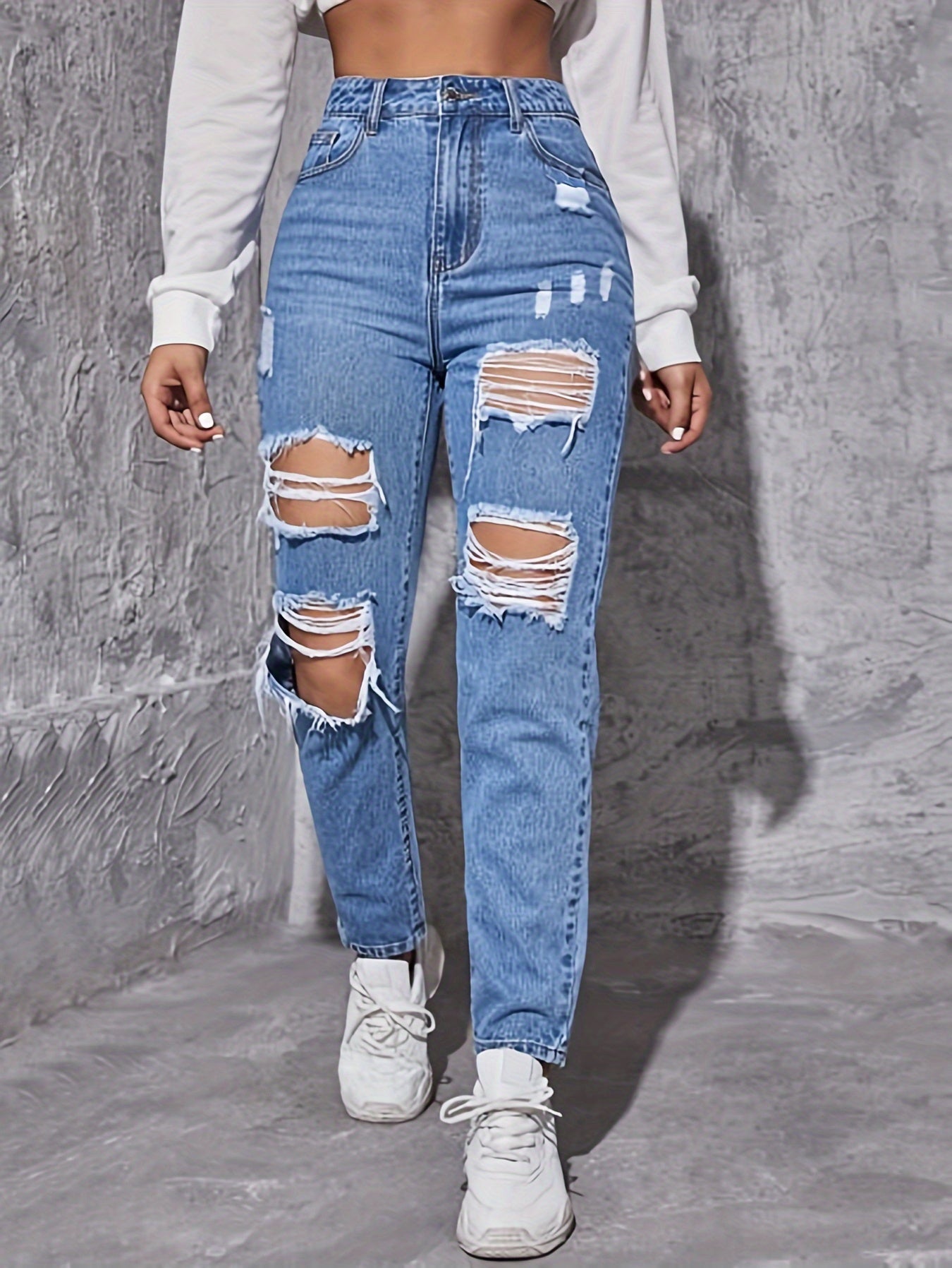 Ripped Distressed Whiskering Jeans