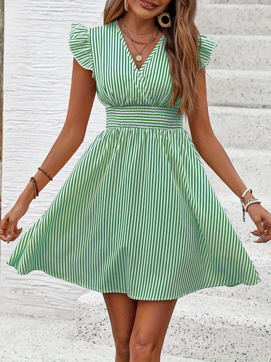 Striped Surplice Neck Shirred Waist Dress