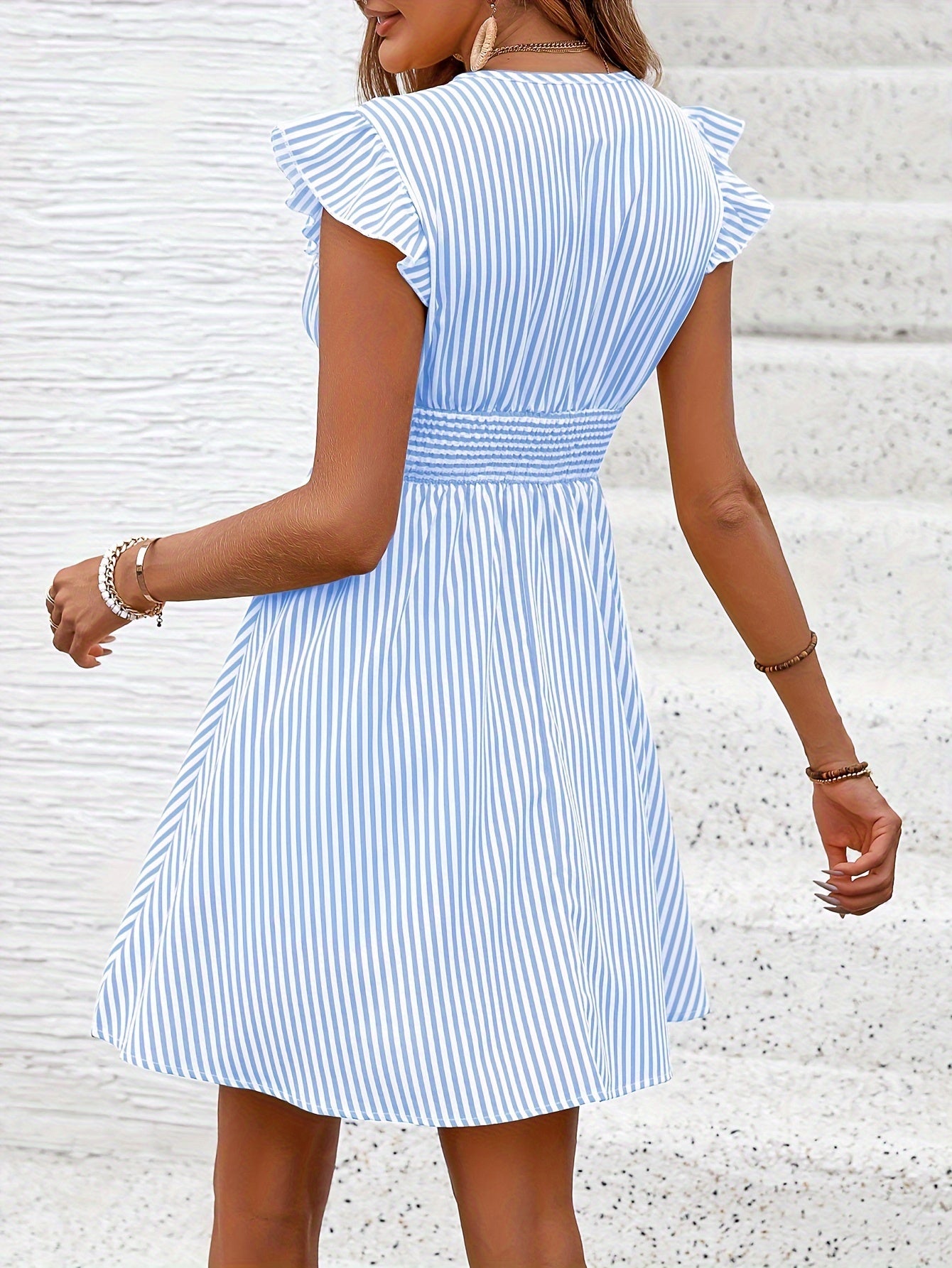 Striped Surplice Neck Shirred Waist Dress