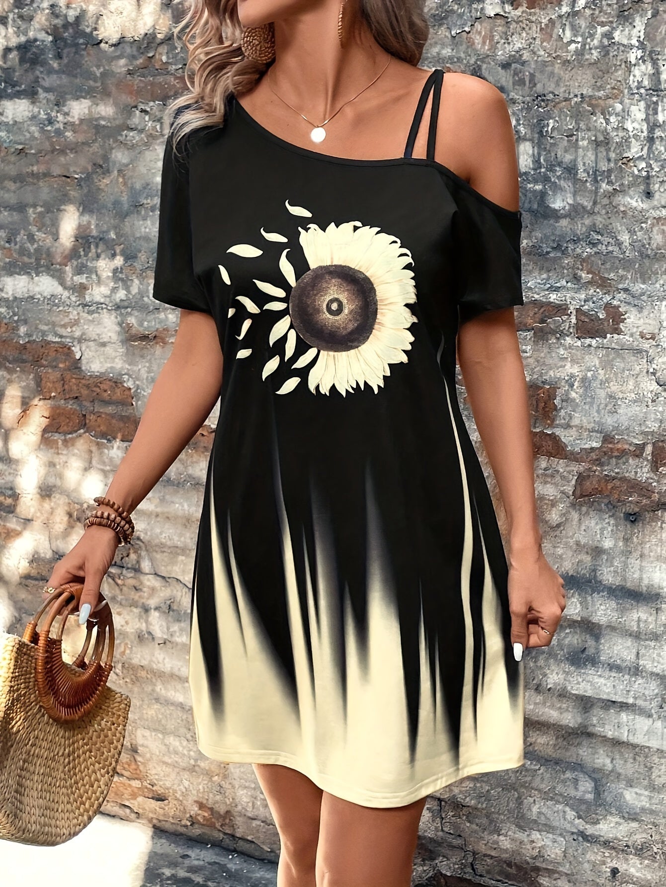 Portrait Print Asymmetrical Neck Dress