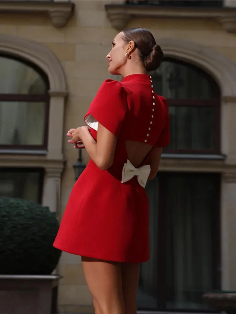 Fashion Hollow Bow Red Mini Dress for Women