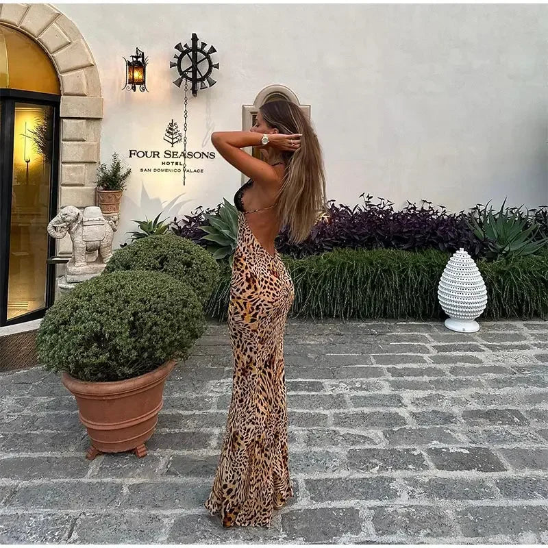 Elegant Women Halter Lace Leopard Dress