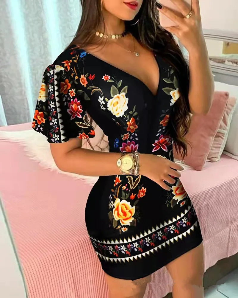 Summer Elegant Floral Print Bodycon Mini Dress Women 2024