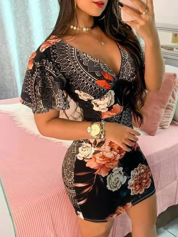 Summer Elegant Floral Print Bodycon Mini Dress Women 2024