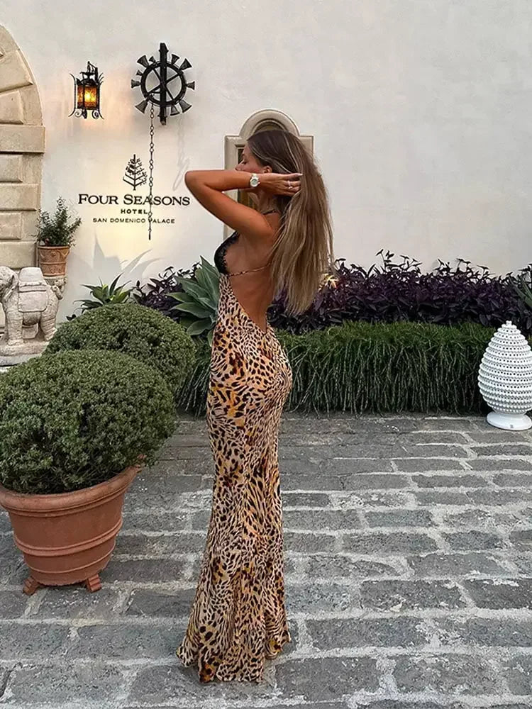 Elegant Women Halter Lace Leopard Dress