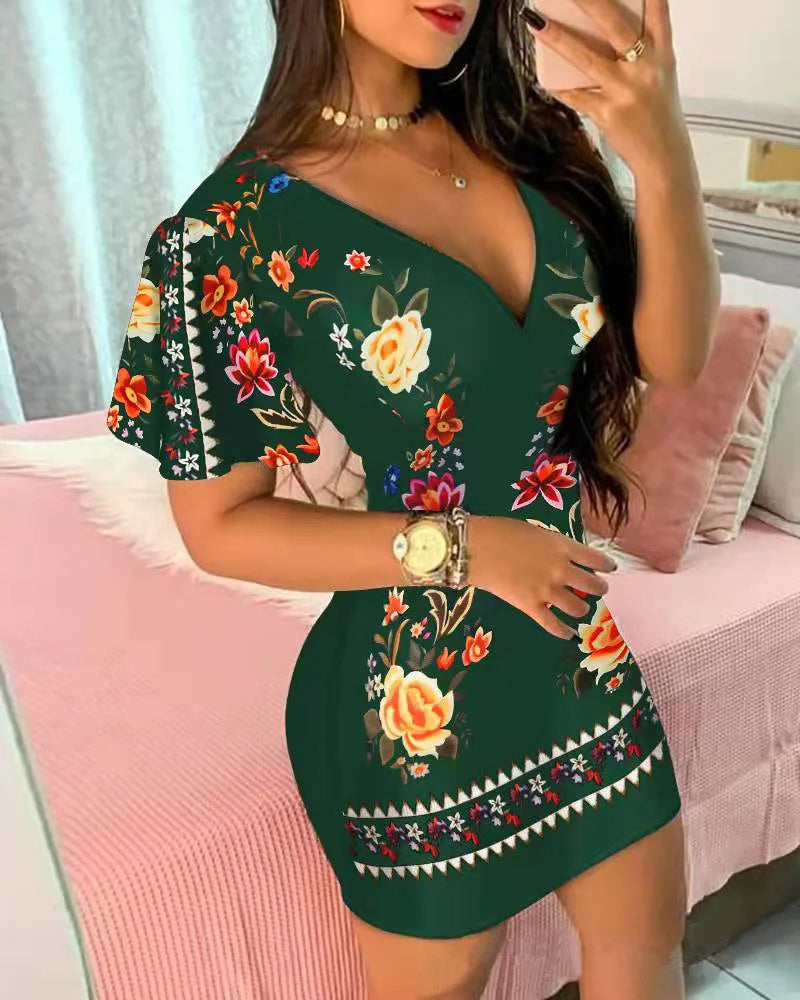 Summer Elegant Floral Print Bodycon Mini Dress Women 2024