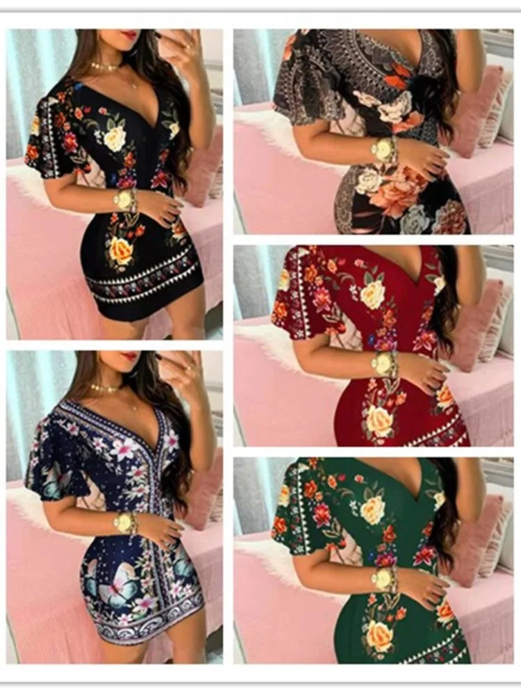 Summer Elegant Floral Print Bodycon Mini Dress Women 2024