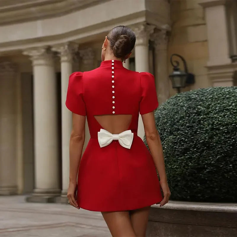 Fashion Hollow Bow Red Mini Dress for Women