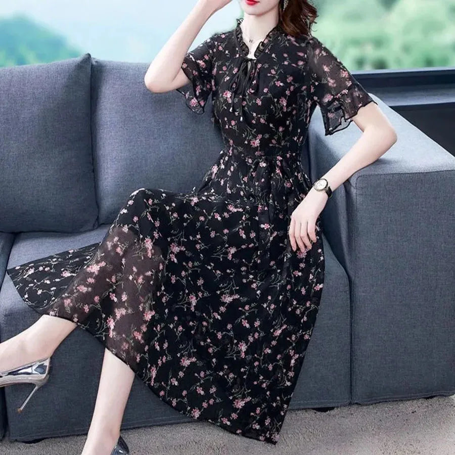 Oversized 6xl Floral Chiffon Dress Summer Women