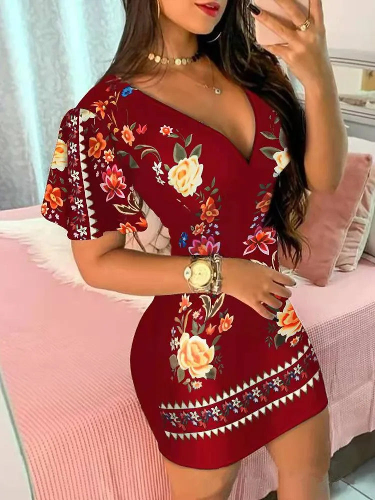 Summer Elegant Floral Print Bodycon Mini Dress Women 2024