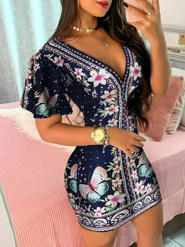 Summer Elegant Floral Print Bodycon Mini Dress Women 2024