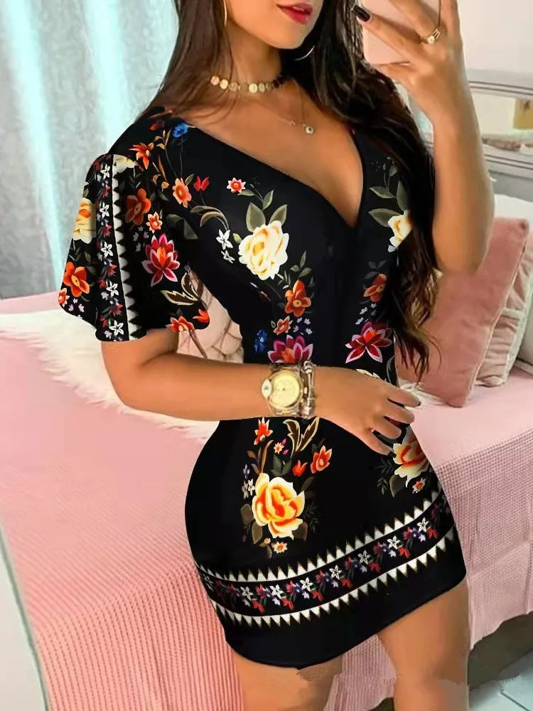 Summer Elegant Floral Print Bodycon Mini Dress Women 2024