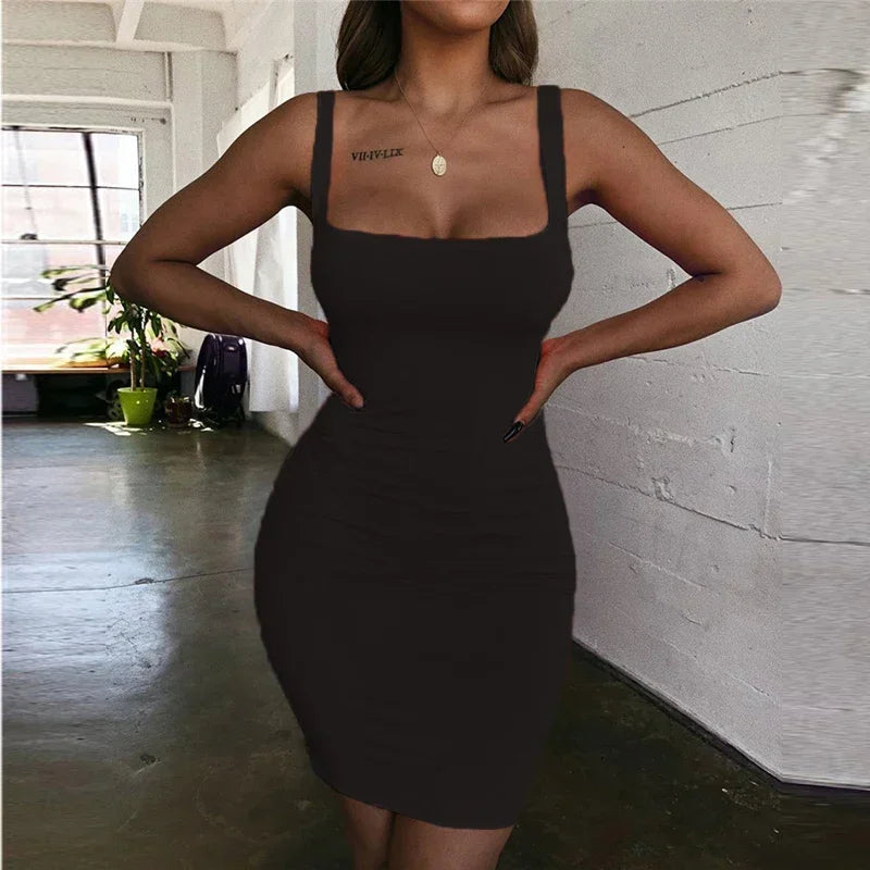 2024 Square Neck Sleeveless Shoulder Bodycon Mini Dress