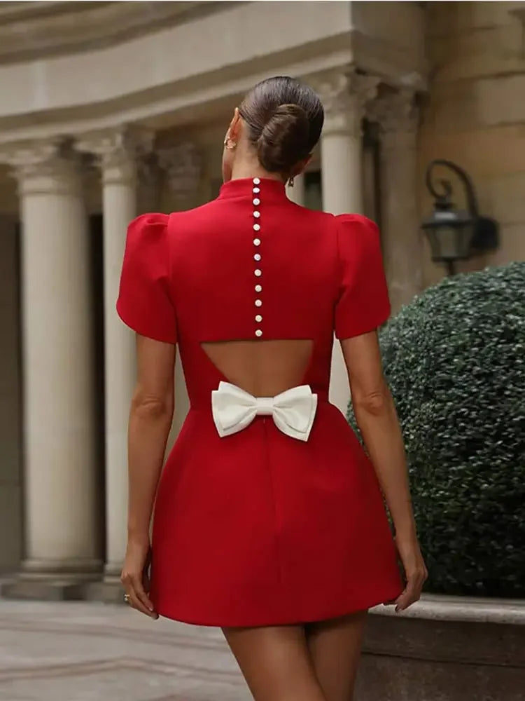 Fashion Hollow Bow Red Mini Dress for Women