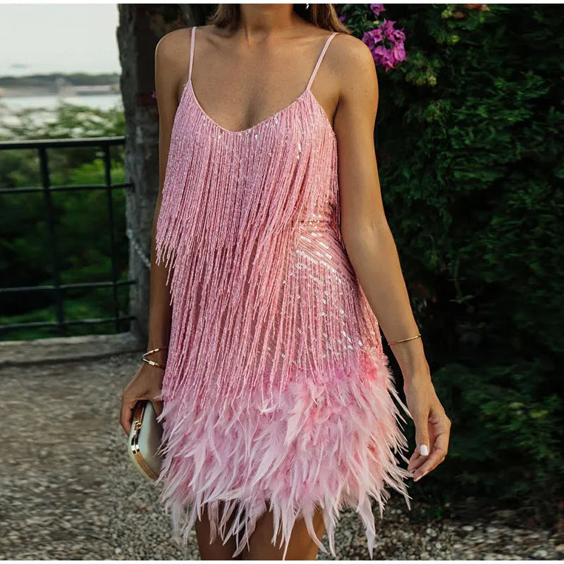 2024 New Sexy Tassel Sequins Feather Mini Dress Women