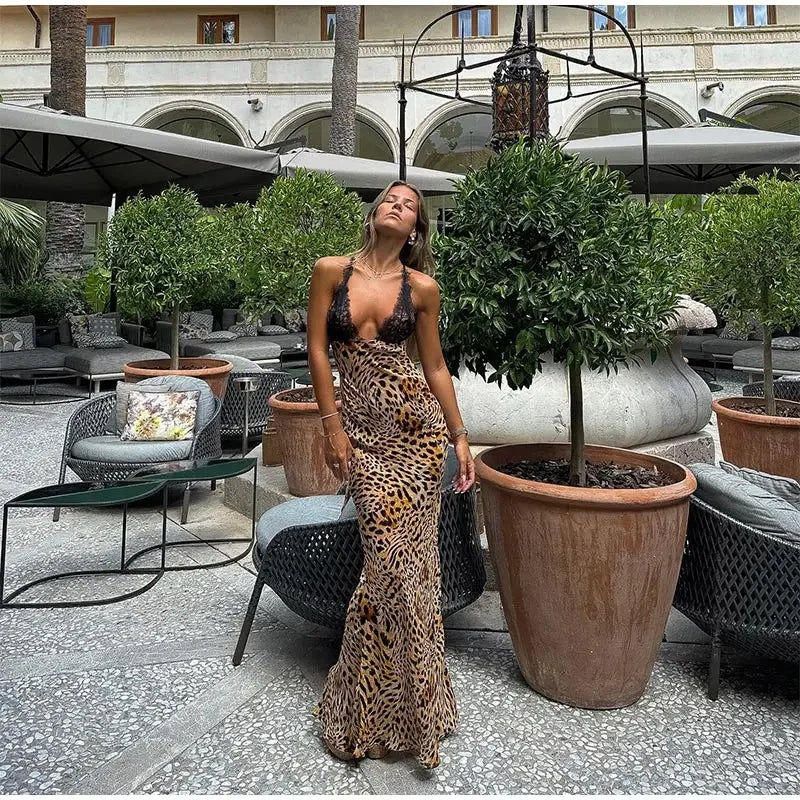 Elegant Women Halter Lace Leopard Dress