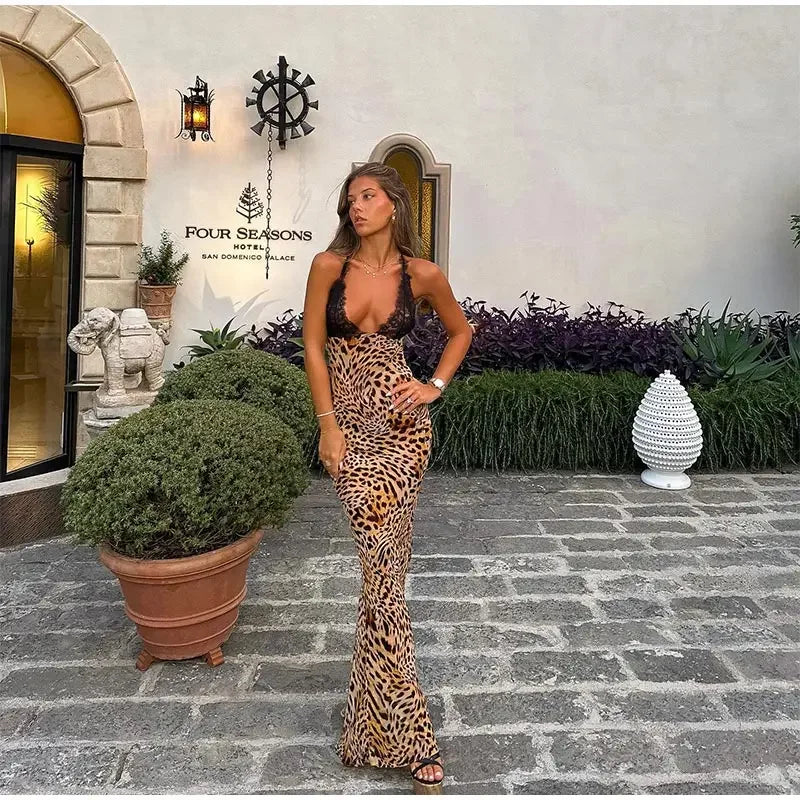 Elegant Women Halter Lace Leopard Dress