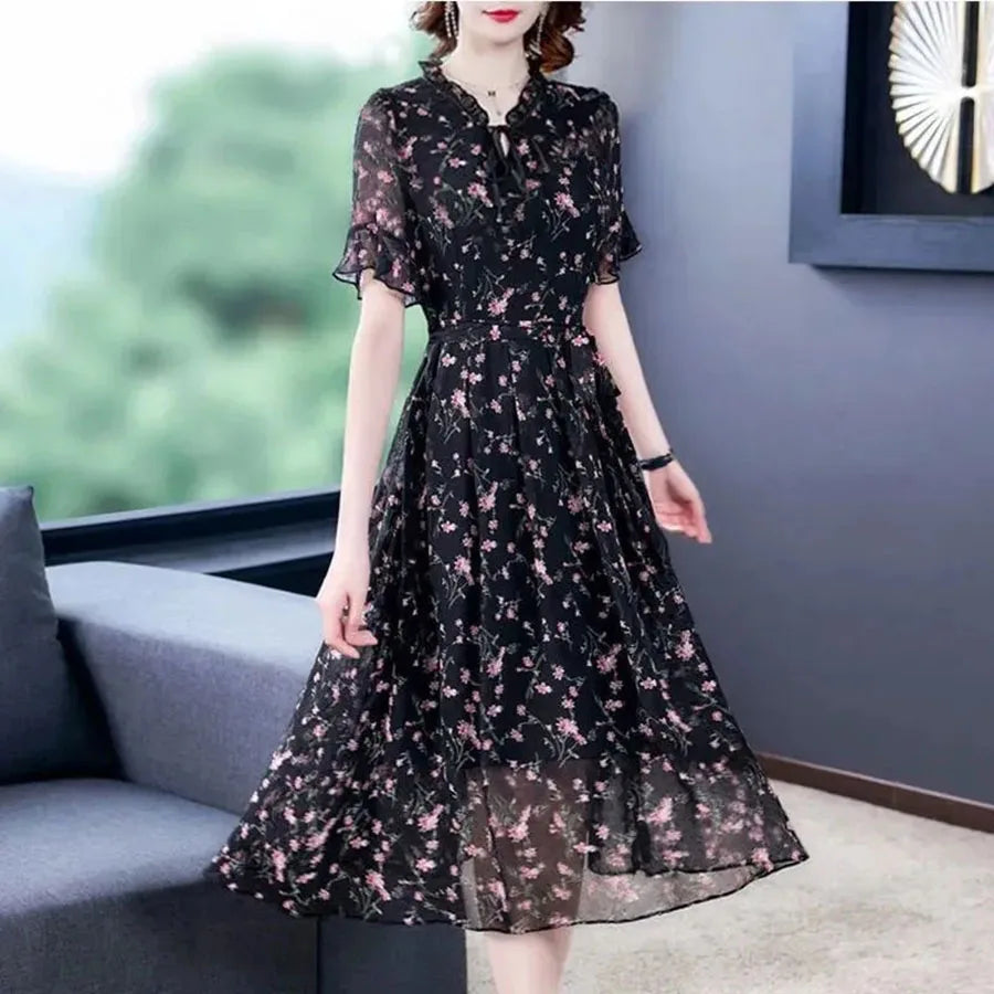 Oversized 6xl Floral Chiffon Dress Summer Women