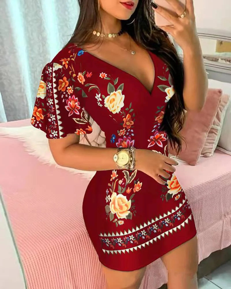 Summer Elegant Floral Print Bodycon Mini Dress Women 2024