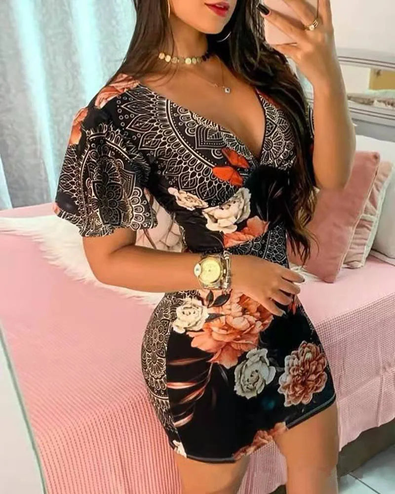 Summer Elegant Floral Print Bodycon Mini Dress Women 2024