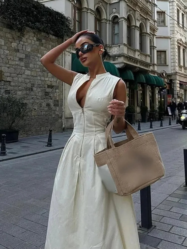 Fashion Sleeveless High Waist Zipper Maxi Dress Women Elegant