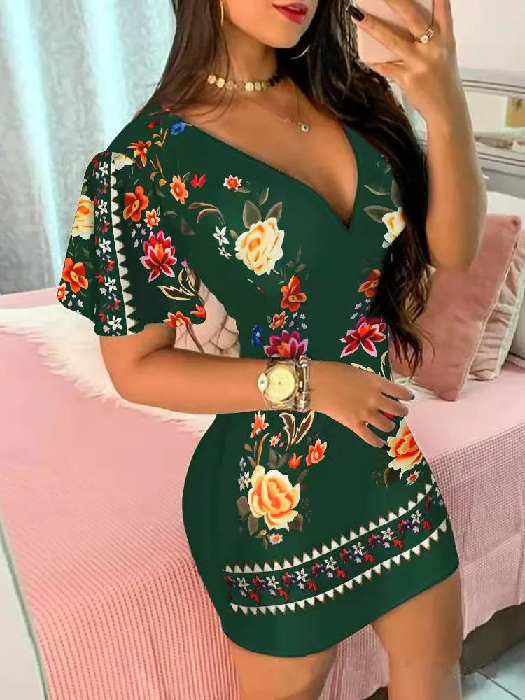 Summer Elegant Floral Print Bodycon Mini Dress Women 2024