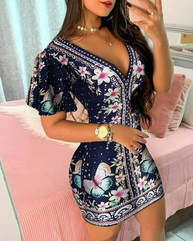 Summer Elegant Floral Print Bodycon Mini Dress Women 2024