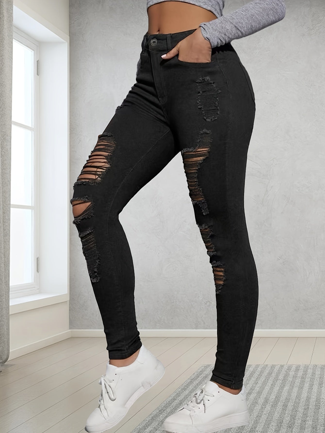 Ripped High Rise Plain Jeans